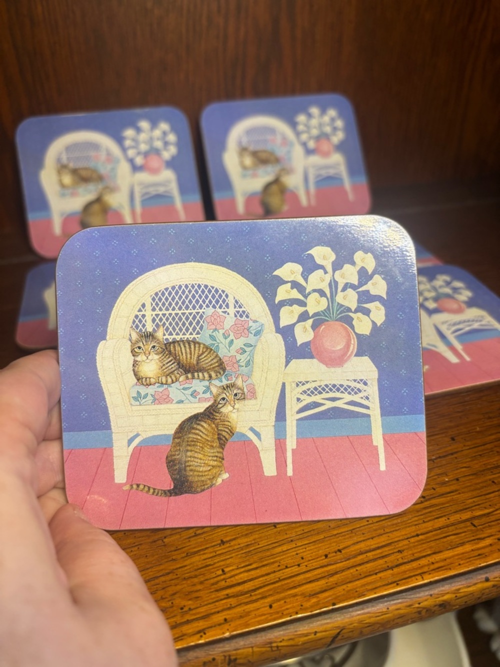 Cat Wicker Chair Coaster Set - Blue, Pink, White